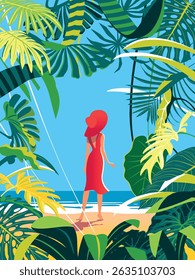 Woman on vacation at the seaside in a tropical resort with tropical flowers, palm trees and sea in the background. Vintage poster. Handmade drawing vector illustration. Art Deco style.
