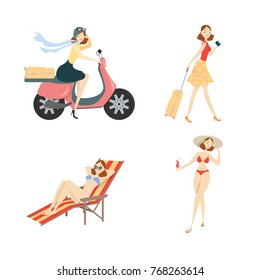 Woman on vacation set. Isolated young woman drinks cocktail, sunbathing and driving scooter.