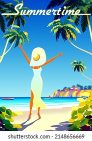 Woman On Vacation On Tropical Beach. Vintage Poster. Handmade Drawing Vector Illustration. Art Deco Style.