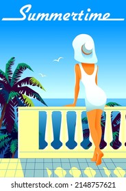 Woman on vacation on tropical resort. Vintage poster. Handmade drawing vector illustration. Art Deco style.