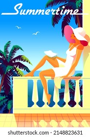 Woman on vacation on tropical resort. Vintage poster. Handmade drawing vector illustration. Art Deco style.