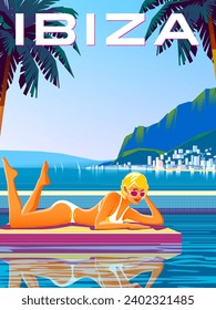 Woman on vacation on tropical resort in Ibiza Island. Vintage poster. Handmade drawing vector illustration. Art Deco style.