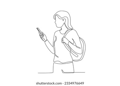 A woman on vacation while looking at her cellphone. World tourism day one-line drawing