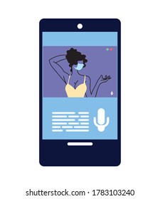 woman on video call by smart cell phone vector illustration desing
