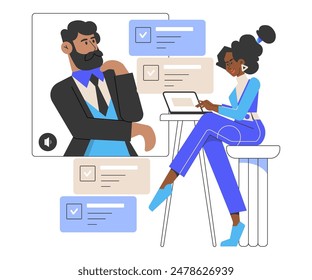 A woman is on a video call with her boss, using a laptop. The screen shows checklists and tasks, highlighting remote work and online meetings. modern telecommuting and digital communication. Vector.