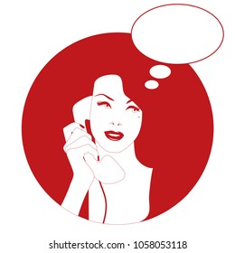 Woman on the vintage phone and blank thinking balloon. Retro style.