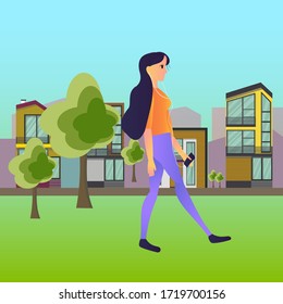 woman on a walk,  vector illustration for creating sites, applications, girl hugged her stomach