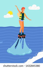 Woman on water skis surfing in sea or ocean. Leaves traces on water, beach and summer sport activities. Girl wearing life vest and helmet flyboarding. New spectacular extreme water sport