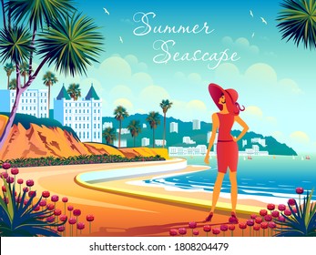 Woman on the waterfront at a popular seaside resort. Handmade drawing vector illustration.