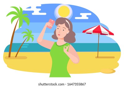 Woman on weekends traveling to coast vector, female character taking photo on smartphone. Sunshine at beach, seaside coast with palm tree and umbrella for shade