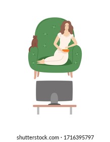 Woman on weekends vector, relaxation at home, lady with cat sitting in armchair eating food from bowl, comfortable furniture at home of female isolated
