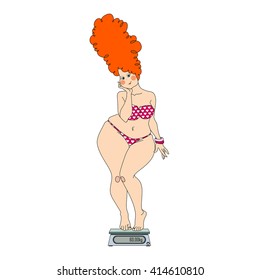 Woman on Weighing Scale. Vector iisolated illustration on white background