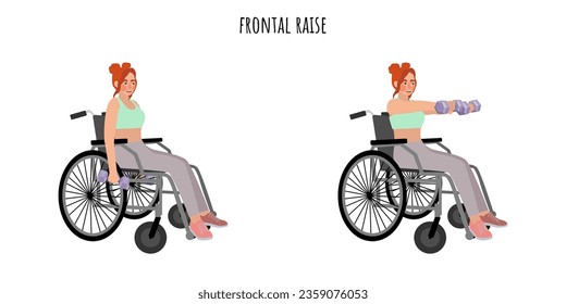 Woman on wheelchair doing frontal raise exercise. Inclusive workout for people with disabilities. Sport, wellness, workout, fitness. Flat vector illustration