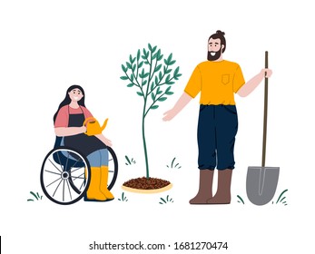 Woman on wheelchair and man gardening together. Man with shovel works in a garden. Girl is watering a seedling on the backyard. Flat cartoon hand drawn illustration. 