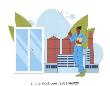 Woman on window factory. Young girl in uniform near plastic windowframe and factory. Production of windows. Renovation and repair, construction industry. Flat vector illustration