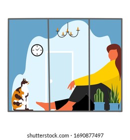 the woman on the windowsill. a woman with a cat near the window. self-isolation of the house. vector