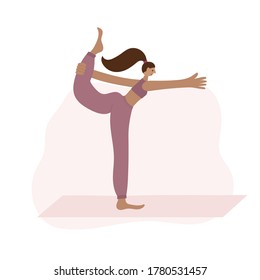 Woman on yoga mat in Lord of the dance pose asana. People vector illustration. Health body and mind care wellness or fitness sport studio class concept. Simple flat character cartoon style clip art.