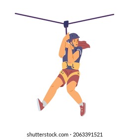 Woman on zipline in adventure park, flat vector illustration isolated on white background. Rope park recreation with safety equipment.