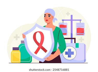 Woman with oncology. Young girl with shield with red ribbon. Mammography and anatomy. Diagnosis and treatment. Cancer prevention. Flat vector illustration isolated on white background