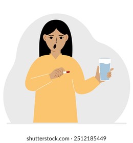 A woman in one hand holds medicine or a pill in another glass of water. The concept of taking medicine to treat diseases, taking vitamins or food supplements with water. Vector flat illustration