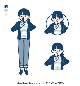 A Woman with one knot hair with be quiet hand sign images.It's vector art so it's easy to edit.
