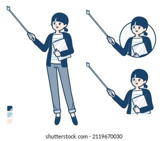 A Woman with one knot hair with Explanation with a pointing stick images.It's vector art so it's easy to edit.