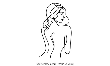 mujer de una línea de arte, mujer dibujada a mano figura contorno continuo. concepto de cuerpo femenino, plantilla de la industria de la belleza. Trazo editable. Aislado. Ilustración vectorial.