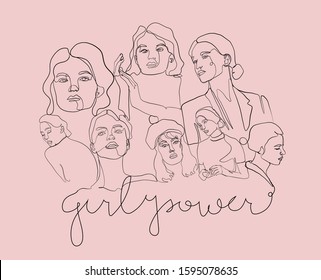 woman one line continuous, inscription girl power, feministic concept, graphic simplicity handwritten phrase