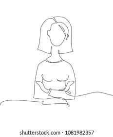 Woman - one line design style illustration isolated on white background. A young woman with her arms crossed. High quality image for your presentation
