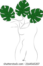 Woman in one line.Surrounded by magic leaves monsters.Slim body and large green leaves monsters.