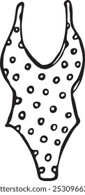 Woman one peace swimsuit. V neck with polka dots print. Hand drawn doodle ink style illustration. Black outline isolated on white.