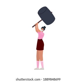 woman with one safety mask and one big hammer vector illustration design
