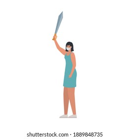 woman with one safety mask and one gray sword on a white background vector illustration design