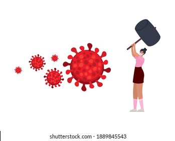 woman with one safety mask, red particles and one hammer on a white background vector illustration design