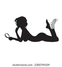 A woman in one sock is looking for a second one using a magnifying glass.