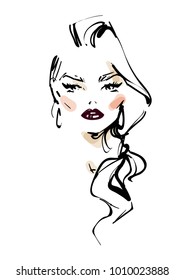 Woman with one-sided hair and dark lips. fashion sketch illustration