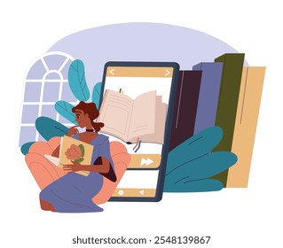 Mujer con libros en línea. A la niña le encanta leer. Educación y formación, aprendizaje. Amor por la literatura y la lectura. Librería digital. Ilustración vectorial plana aislada sobre fondo blanco