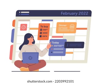 Mujer con calendario en línea. Chica con laptop hace un plan de comida. Estilo de vida saludable, alimentación saludable y dieta. Pérdida de peso, planificación del día. Afiche o cartel para el sitio web. Dibujo vectorial plano de dibujos animados