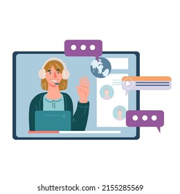 Woman in online chat, webinar or web conference. Advanced internet communication technology, distance learning or broadcast in social media, flat vector illustration isolated on white background.