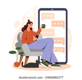 Woman with online chat. Young girl with hot drink sits near smartphone screen. Communication on social networks and instant messengers. SMS conversation and dialogue. Flat vector illustration