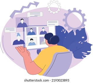 Woman at an online conference. Vector illustration of remote work. Freelancer discussing a project with colleagues. Safe work from home