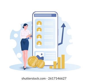 Woman with online earnings. Businesswoman near smartphone with golden coins. Financial literacy and passive income. Young girl with business reward. Flat vector illustration