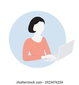 Woman online education. Woman with notebook round icon on blue art design stock vector illustration for web, for print