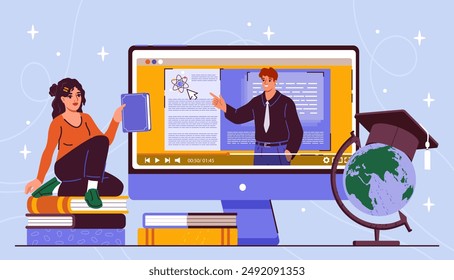 Woman with online education. Young girl listens to lecture from teacher on Internet. Remote learning in university. Student with homework. Flat vector illustration isolated on blue background