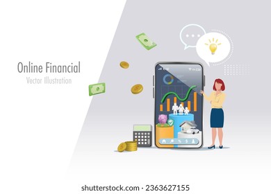 Woman with online financial app on smartphone screen. Financial service technology manage business and family budget with analyzing property graph and secure money planning. Vector.