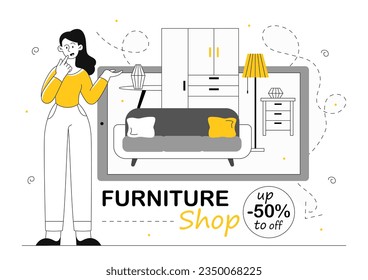 Woman in online furniture store line. Young girl look at sofa. Consultant and seller near elements of decor and interior. Discounts and promotions, sales. Linear flat vector illustration