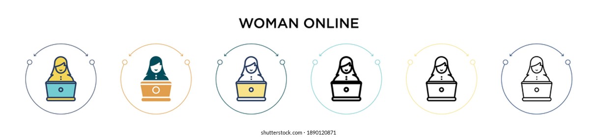 Woman online icon in filled, thin line, outline and stroke style. Vector illustration of two colored and black woman online vector icons designs can be used for mobile, ui, web