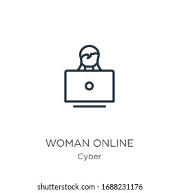 Woman online icon. Thin linear woman online outline icon isolated on white background from cyber collection. Line vector sign, symbol for web and mobile