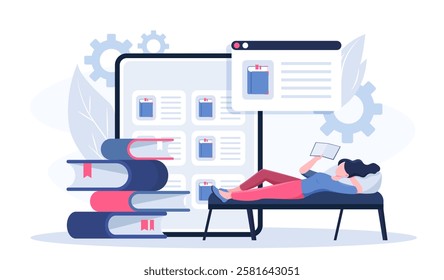 Woman with online library. Young girl lies with book in her hands. love of reading and literature. Education and training. Smartphone with electronic books. Flat vector illustration