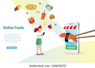 Woman online order food on smart phone with virtual reality foods. Online foods and drink delivery, shopping service and e-commerce internet mobile application.